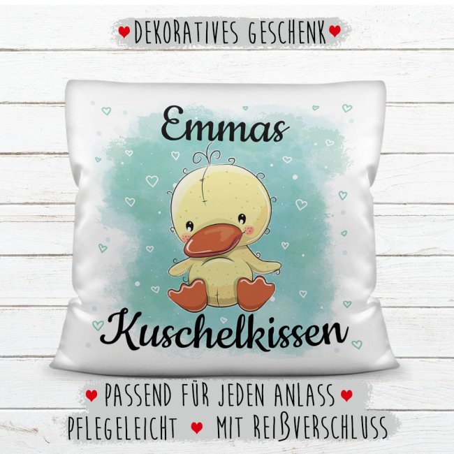 Kissen f&uuml;r Kinder mit s&uuml;&szlig;em Tiermotiv und Name - Ente - Wei&szlig;