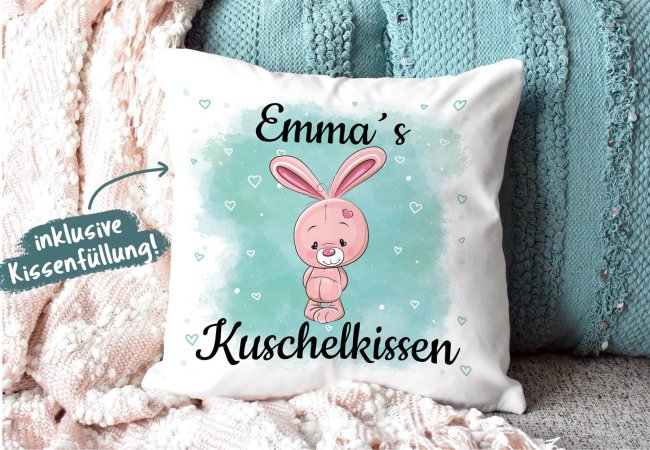 Kissen f&uuml;r Kinder mit s&uuml;&szlig;em Tiermotiv und Name - Hase - Wei&szlig; flauschig