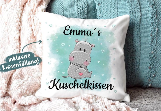 Kissen f&uuml;r Kinder mit s&uuml;&szlig;em Tiermotiv und Name - Nilpferd - Wei&szlig;