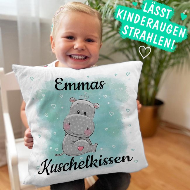 Kissen f&uuml;r Kinder mit s&uuml;&szlig;em Tiermotiv und Name - Nilpferd - Wei&szlig;