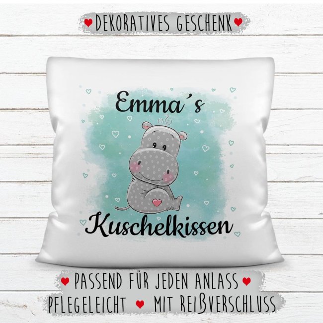 Kissen f&uuml;r Kinder mit s&uuml;&szlig;em Tiermotiv und Name - Nilpferd - Wei&szlig;