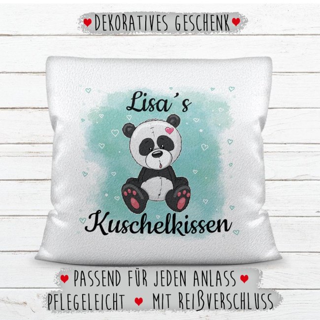 Kissen f&uuml;r Kinder mit s&uuml;&szlig;em Tiermotiv und Name - Panda - Wei&szlig; flauschig