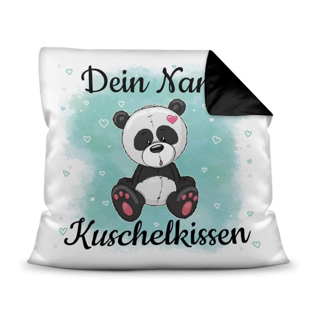 Kissen f&uuml;r Kinder mit s&uuml;&szlig;em Tiermotiv und Name - Panda - R&uuml;ckseite Schwarz