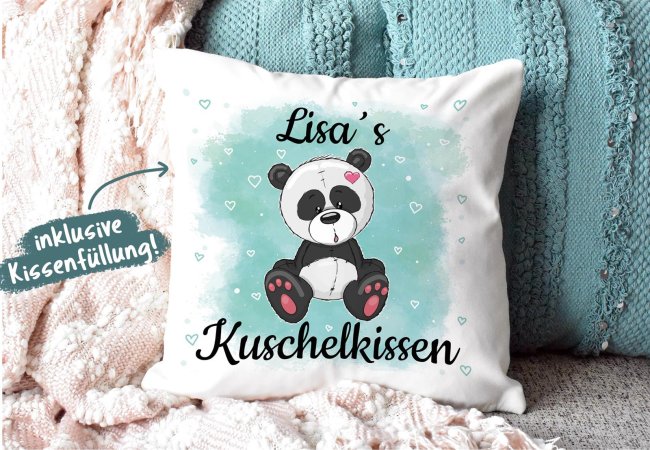 Kissen f&uuml;r Kinder mit s&uuml;&szlig;em Tiermotiv und Name - Panda - R&uuml;ckseite Schwarz