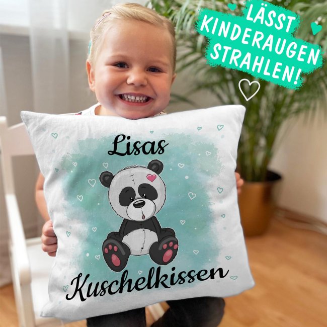 Kissen f&uuml;r Kinder mit s&uuml;&szlig;em Tiermotiv und Name - Panda - R&uuml;ckseite Schwarz