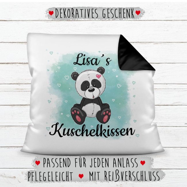 Kissen f&uuml;r Kinder mit s&uuml;&szlig;em Tiermotiv und Name - Panda - R&uuml;ckseite Schwarz