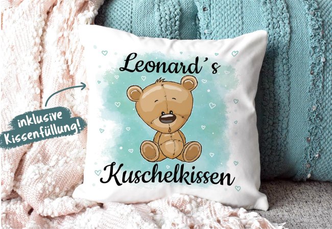 Kissen f&uuml;r Kinder mit s&uuml;&szlig;em Tiermotiv und Name - Teddy braun - Wei&szlig;
