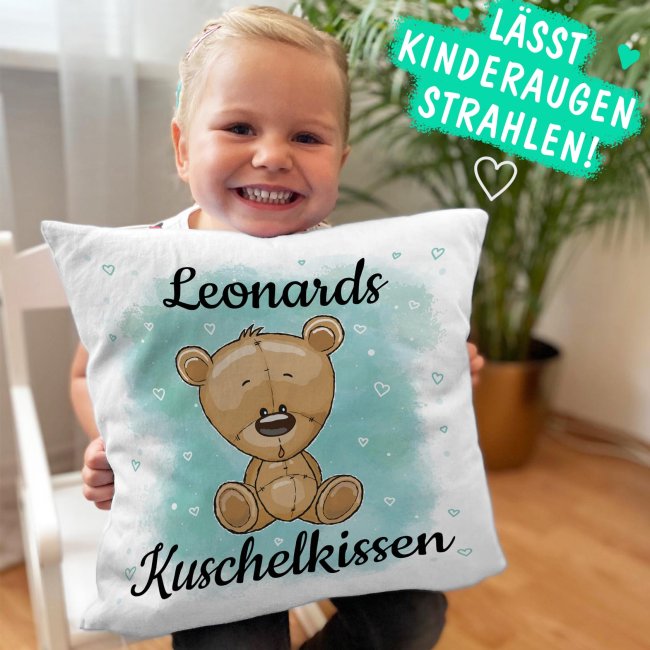 Kissen f&uuml;r Kinder mit s&uuml;&szlig;em Tiermotiv und Name - Teddy braun - Wei&szlig;