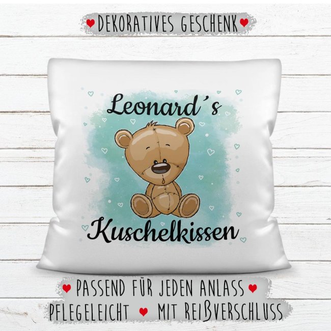 Kissen f&uuml;r Kinder mit s&uuml;&szlig;em Tiermotiv und Name - Teddy braun - Wei&szlig;