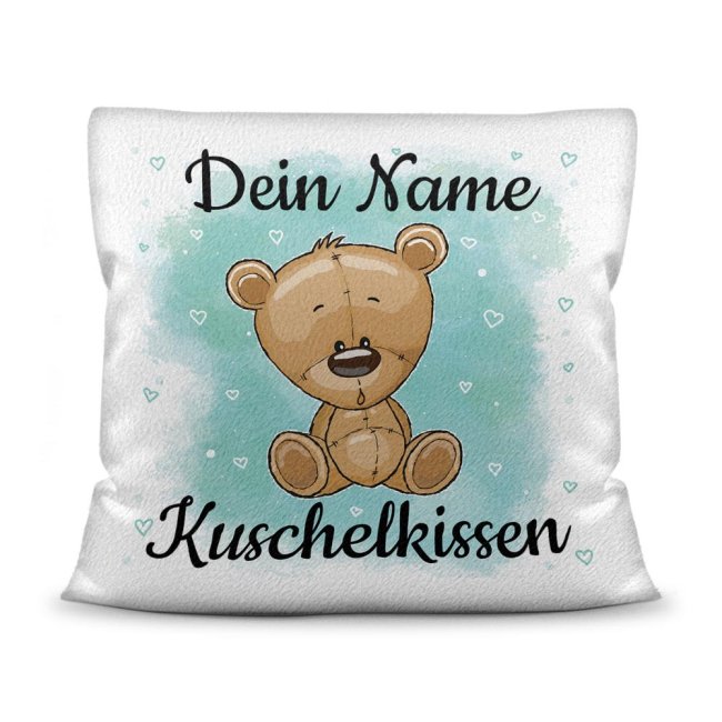 Kissen f&uuml;r Kinder mit s&uuml;&szlig;em Tiermotiv und Name - Teddy braun - Wei&szlig; flauschig