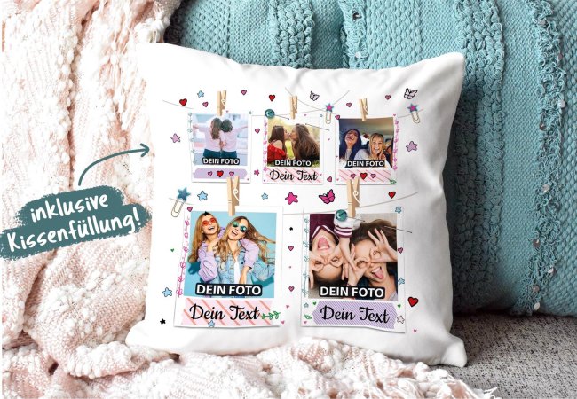 Kissen - Polaroid-Design - Beste Freundinnen - mit f&uuml;nf Fotos  - Wei&szlig;