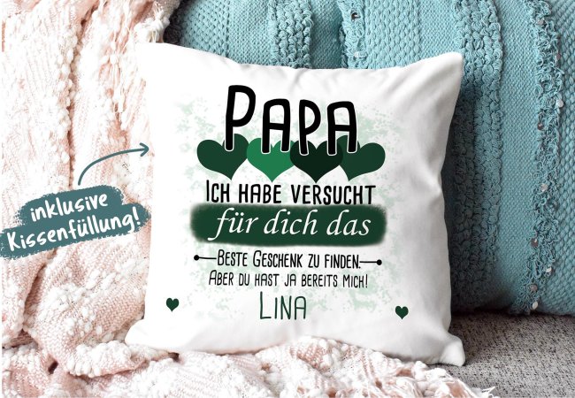 Kissen - Geschenk f&uuml;r Papa von Kind - in Dunkelgr&uuml;n mit Wunschname - wei&szlig;-flauschig