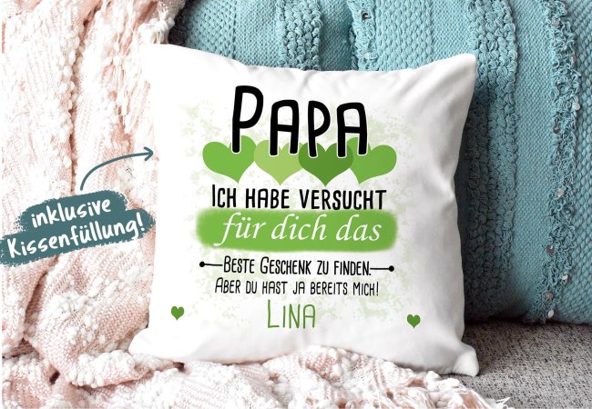 Kissen - Geschenk f&uuml;r Papa von Kind - in Hellgr&uuml;n mit Wunschname - wei&szlig;-glatt