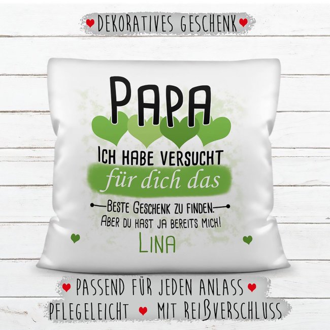 Kissen - Geschenk f&uuml;r Papa von Kind - in Hellgr&uuml;n mit Wunschname - wei&szlig;-glatt