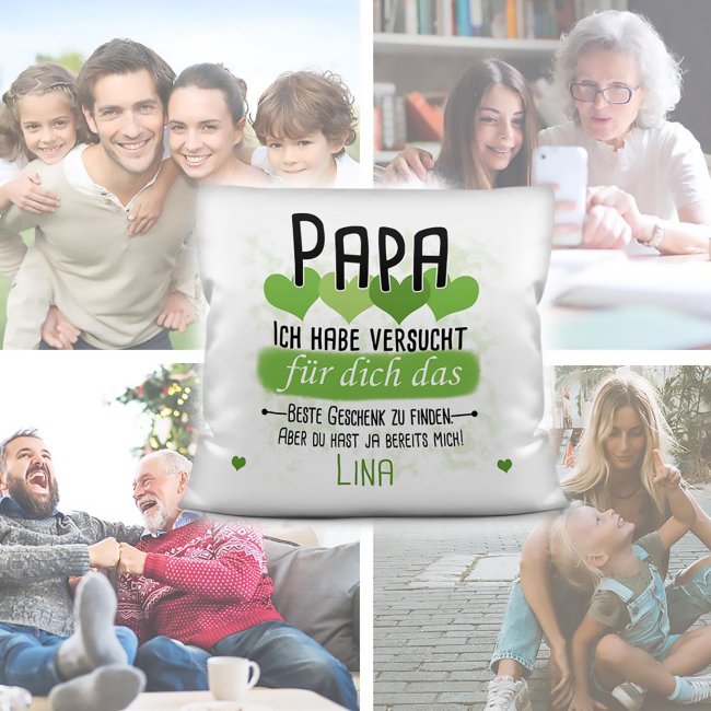 Kissen - Geschenk f&uuml;r Papa von Kind - in Hellgr&uuml;n mit Wunschname - wei&szlig;-glatt