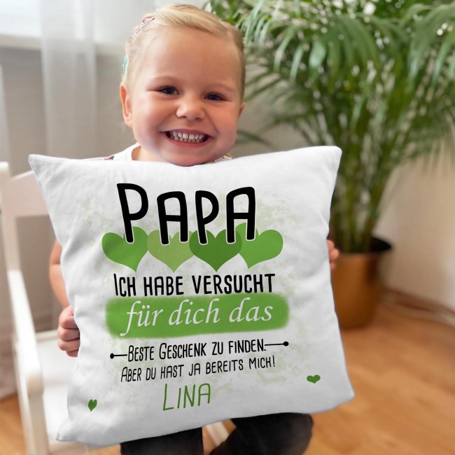 Kissen - Geschenk f&uuml;r Papa von Kind - in Hellgr&uuml;n mit Wunschname - wei&szlig;-glatt