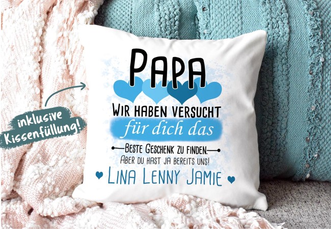 Kissen - Geschenk f&uuml;r Papa von Kindern - in Hellblau mit Wunschnamen - wei&szlig;-glatt