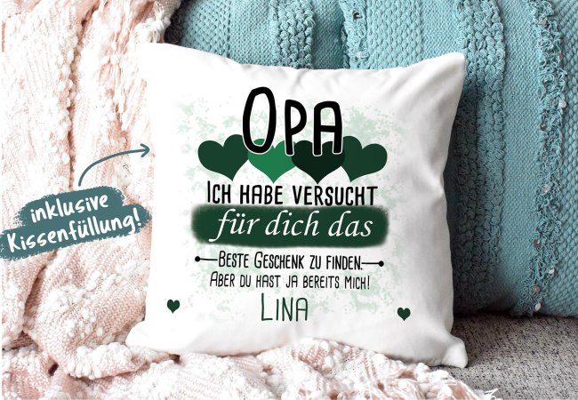 Kissen - Geschenk f&uuml;r Opa von Kind - in Dunkelgr&uuml;n mit Wunschname - wei&szlig;-glatt