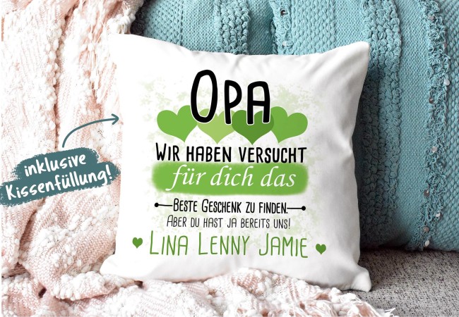 Kissen - Geschenk f&uuml;r Opa von Kindern - in Hellgr&uuml;n mit Wunschnamen - wei&szlig;-glatt