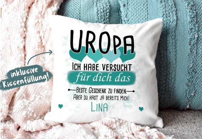 Kissen - Geschenk f&uuml;r Uropa von Kind - in T&uuml;rkis mit Wunschname - wei&szlig;-glatt