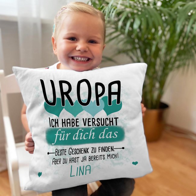Kissen - Geschenk f&uuml;r Uropa von Kind - in T&uuml;rkis mit Wunschname - wei&szlig;-glatt