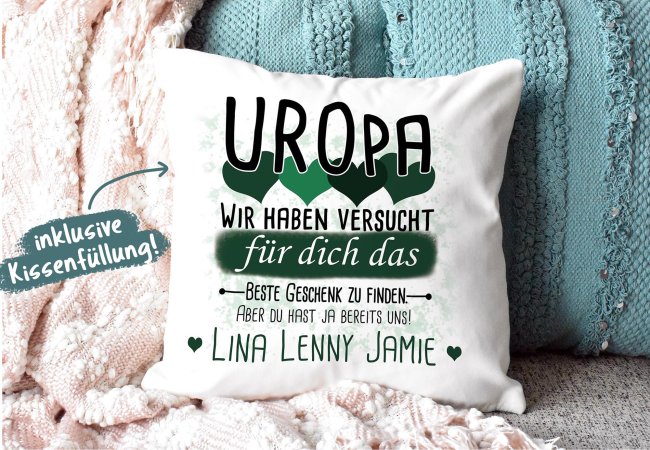 Kissen - Geschenk f&uuml;r Uropa von Kindern - in Dunkelgr&uuml;n mit Wunschnamen - wei&szlig;-glatt