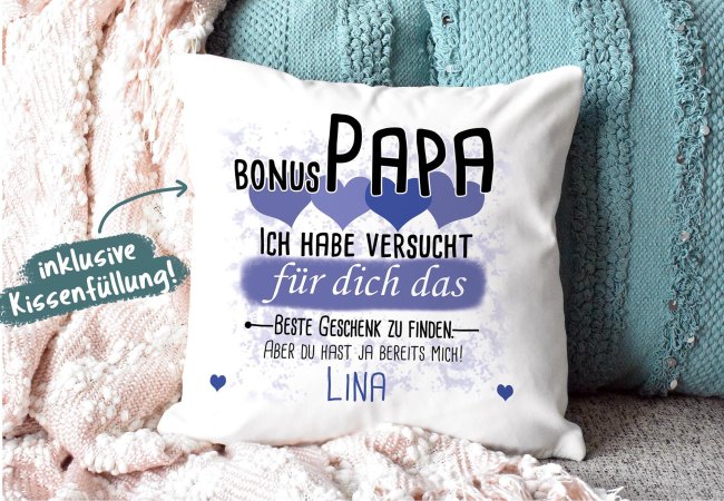 Kissen - Geschenk f&uuml;r Bonus Papa von Kind - in Blau mit Wunschname - wei&szlig;-glatt
