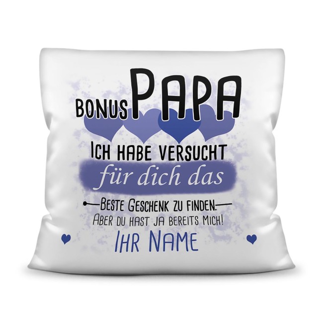 Kissen - Geschenk f&uuml;r Bonus Papa von Kind - in Blau mit Wunschname - wei&szlig;-glatt