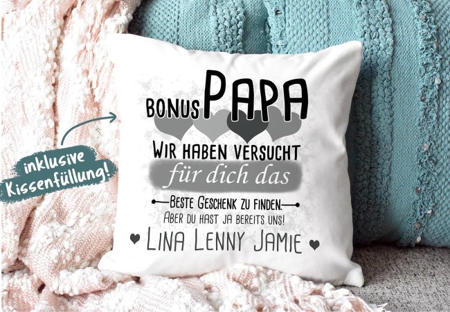 Kissen - Geschenk f&uuml;r Bonus Papa von Kindern - in Grau mit Wunschnamen - wei&szlig;-glatt