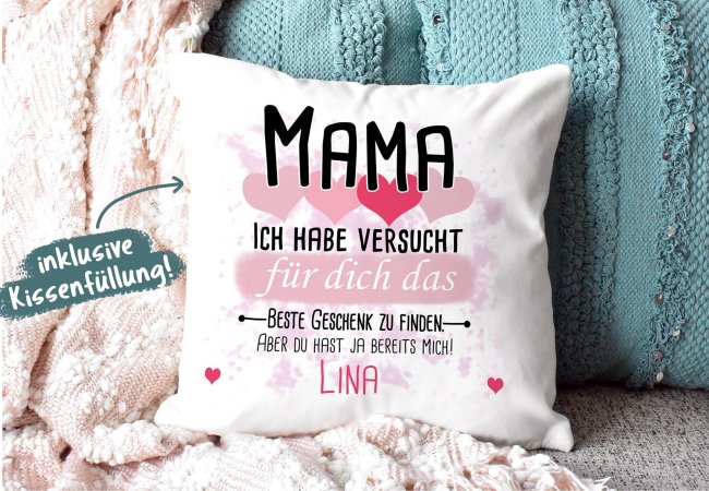 Kissen - Bestes Geschenk f&uuml;r Mama von einem Kind - mit Wunschname in Rosa - wei&szlig;-flauschig