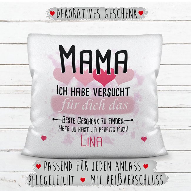 Kissen - Bestes Geschenk f&uuml;r Mama von einem Kind - mit Wunschname in Rosa - wei&szlig;-flauschig
