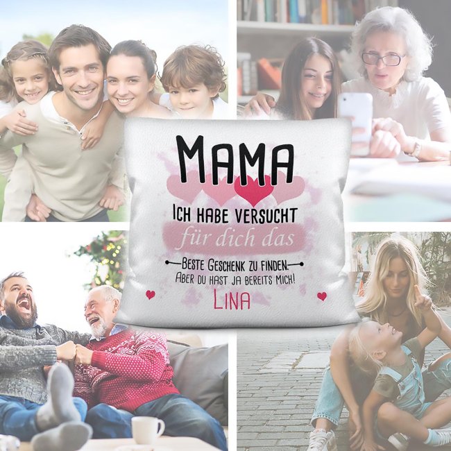 Kissen - Bestes Geschenk f&uuml;r Mama von einem Kind - mit Wunschname in Rosa - wei&szlig;-flauschig