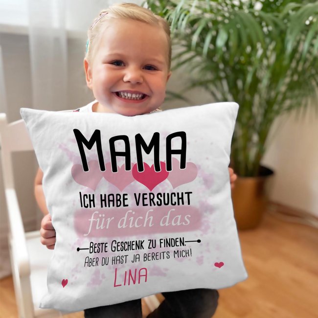Kissen - Bestes Geschenk f&uuml;r Mama von einem Kind - mit Wunschname in Rosa - wei&szlig;-flauschig