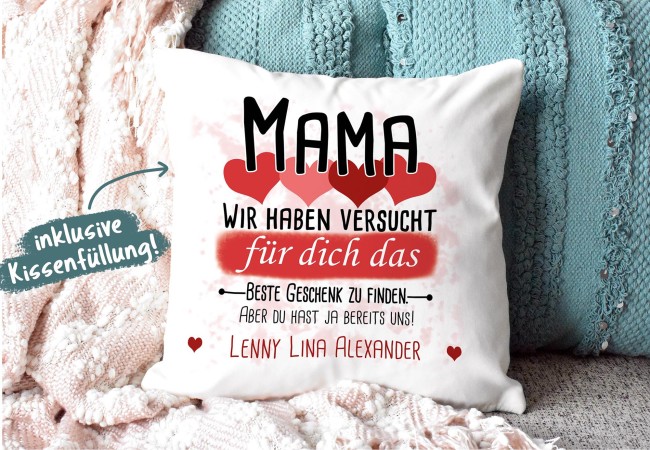 Kissen - Bestes Geschenk f&uuml;r Mama von mehr Kindern - mit Wunschnamen in Rot - wei&szlig;