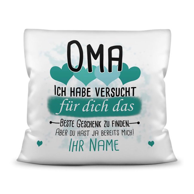 Kissen - Bestes Geschenk f&uuml;r Oma von einem Kind - mit Wunschname in T&uuml;rkis - wei&szlig;