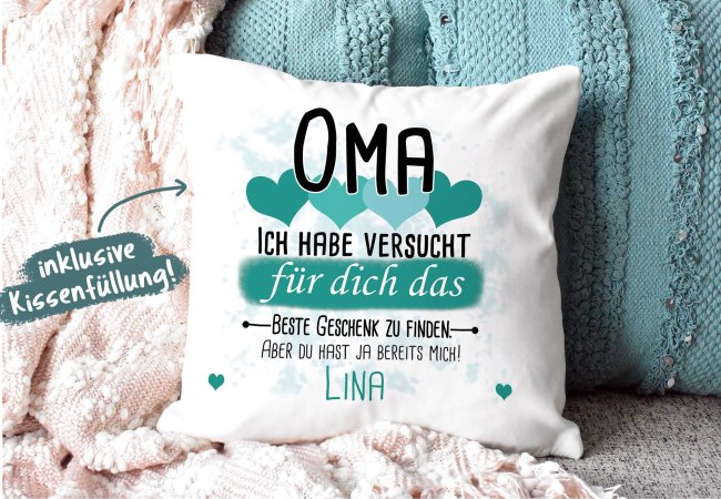 Kissen - Bestes Geschenk f&uuml;r Oma von einem Kind - mit Wunschname in T&uuml;rkis - wei&szlig;