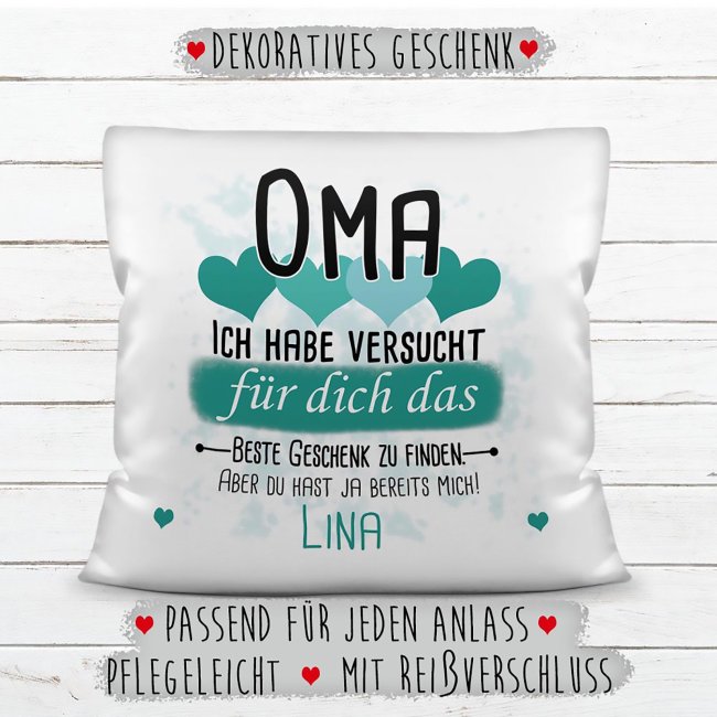 Kissen - Bestes Geschenk f&uuml;r Oma von einem Kind - mit Wunschname in T&uuml;rkis - wei&szlig;