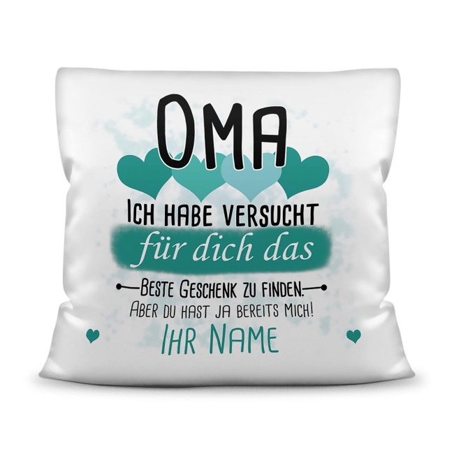 Kissen - Bestes Geschenk f&uuml;r Oma von einem Kind - mit Wunschname in T&uuml;rkis - wei&szlig;
