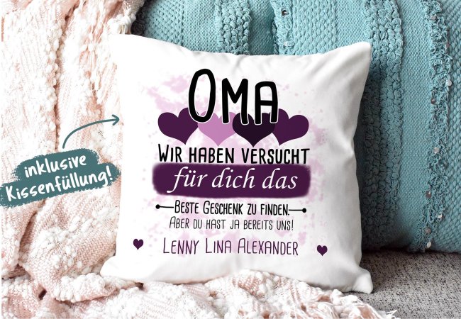 Kissen - Bestes Geschenk f&uuml;r Oma von mehr Kindern - mit Wunschnamen in Lila - wei&szlig;