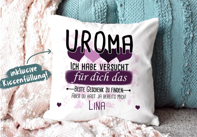Kissen - Bestes Geschenk f&uuml;r Uroma von einem Kind - mit Wunschname in Lila - wei&szlig;