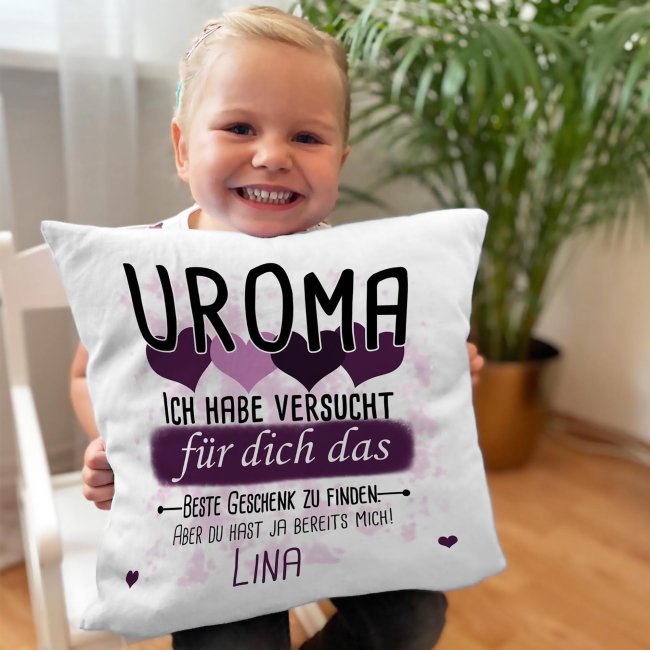 Kissen - Bestes Geschenk f&uuml;r Uroma von einem Kind - mit Wunschname in Lila - wei&szlig;