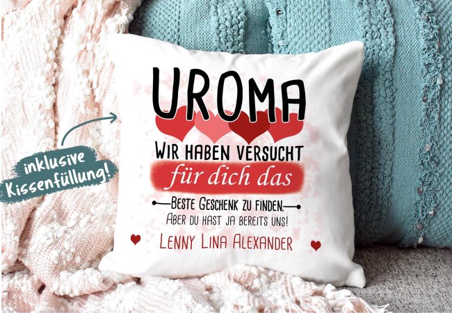 Kissen - Bestes Geschenk f&uuml;r Uroma von mehr Kindern - mit Wunschnamen in Rot - wei&szlig;-flauschig