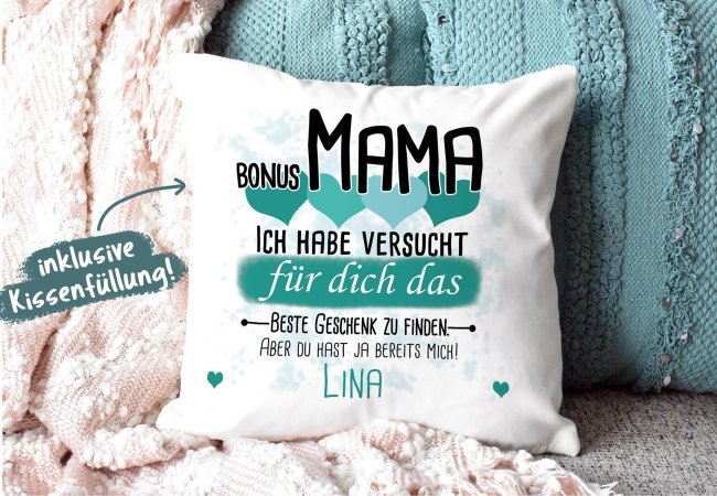 Kissen - Bestes Geschenk f&uuml;r Bonus Mama von einem Kind - mit Wunschname in T&uuml;rkis - wei&szlig;