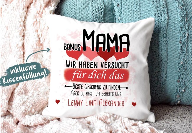 Kissen - Bestes Geschenk f&uuml;r Bonus Mama von mehr Kindern - mit Wunschnamen in Rot - wei&szlig;-flauschig