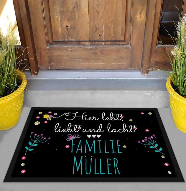 Fu&szlig;matte mit Spruch - Lebt Liebt Lacht - 3 Herzen wei&szlig;