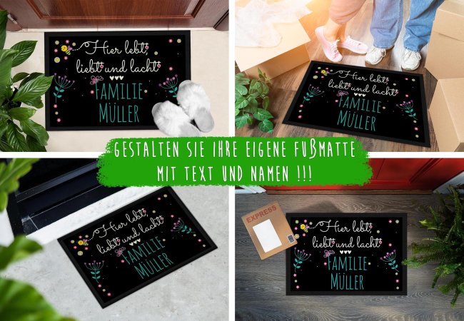 Fu&szlig;matte mit Spruch - Lebt Liebt Lacht - 3 Herzen wei&szlig;