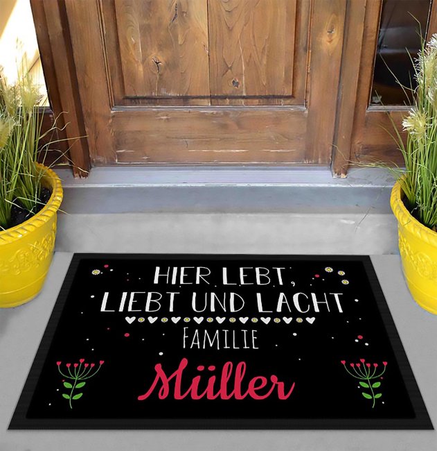 Fu&szlig;matte mit Spruch - Lebt Liebt Lacht - Viele wei&szlig;e Herzen