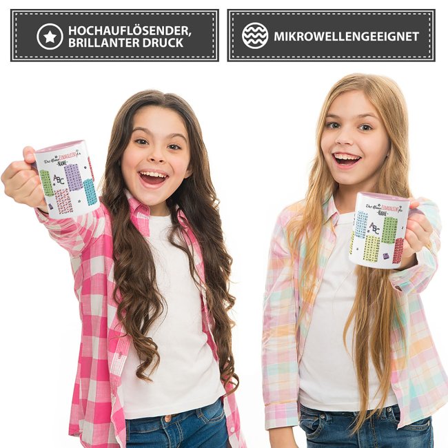 Tasse - Das kleine Einmaleins - mit Wunschname - Innen &amp; Henkel Rosa