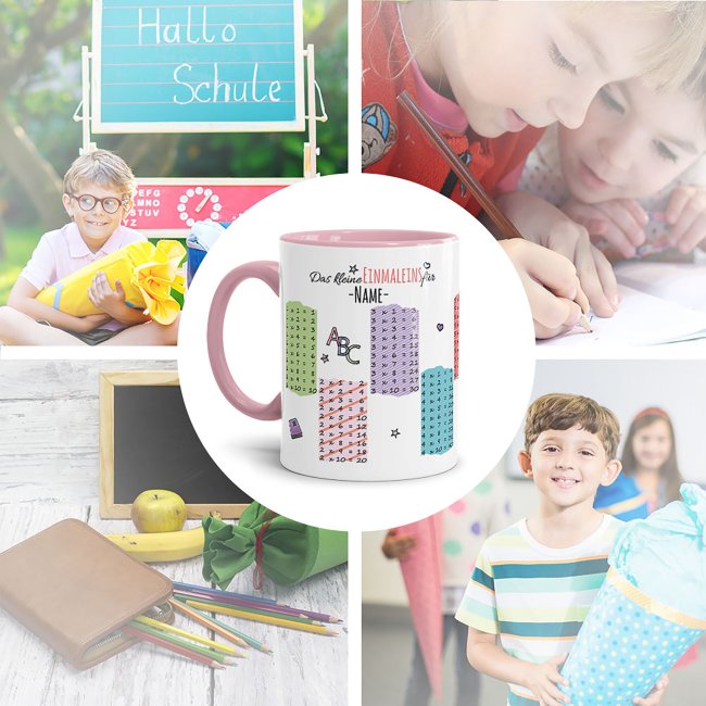 Tasse - Das kleine Einmaleins - mit Wunschname - Innen &amp; Henkel Rosa