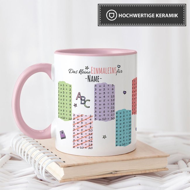 Tasse - Das kleine Einmaleins - mit Wunschname - Innen &amp; Henkel Rosa